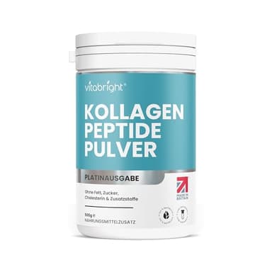 Kollagen Pulver 500g | 50 Portionen | Collagen Pulver Typ 1 3 | Reines Collagen Peptide Hydrolisiertes | Colagenpulver Bioverfügbar | Kolagenpulver Hochdosiert | VitaBright Kollagenpulver