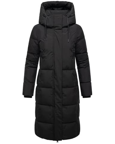 MARIKOO Damen Langer Wintermantel warmer Steppmantel mit abnehmbarer Kapuze und magnetischen Details Chumanii XVI Black Gr. L