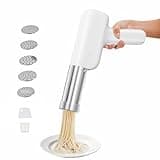 QHENS Hand Nudelmaschine Elektrische, Elektrische Nudel Presse 2000mAh, Handheld Elektrische Pasta Nudel Maschine, 5 Pressformen, 4 Zubehörteilen, Weiß