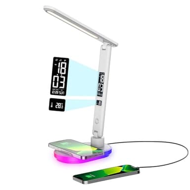 Schreibtischlampe LED Dimmbar mit Ladefunktion Uhr,Tischlampe Touch Dimmbare mit 3 Farbstufen und 5 Helligkeiten,lampe mit USB Anschluss,Uhr,Farbnachtlicht,LCD,Temperatur für Schlafzimmer,Büro (weiß)
