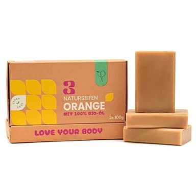Naturseife Orange – 3 × 100 g | Mit 100% Bio-Ölen | Handgemachte 3-in-1 Seife für Körper, Rasur & Haare | mit Mandel & Jojoba & ätherischem Orangenöl, vegan, plastikfrei & frei von künstlichen Düften