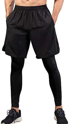 Yuerlian 2-in-1-Hose für Herren, Laufshorts mit Kompressionsleggings, schnelltrocknend, Sportkleidungssets für Fitnessstudio, Workout, Basketball, Radfahren, 1-schwarz, M