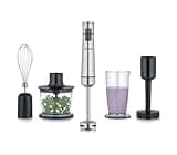 SEVERIN Kabelloser Stabmixer mit Premium-Set, abnehmbarer Mixstab, mit Pürierstab, Multizerkleinerer, Mixbehälter, Kartoffelstampfer & Schneebesen, schwarz/Edelstahl-gebürstet, SM 3775
