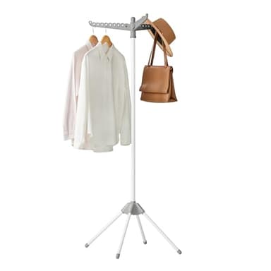 SONGMICS Wäscheständer, Standtrockner, 3 drehbare Arme für Kleiderbügel, 4 Beine, klappbar, für Innenbereich, Edelstahl, für Kleidung und Socken, 150 cm hoch, grau-weiß LLR510G01