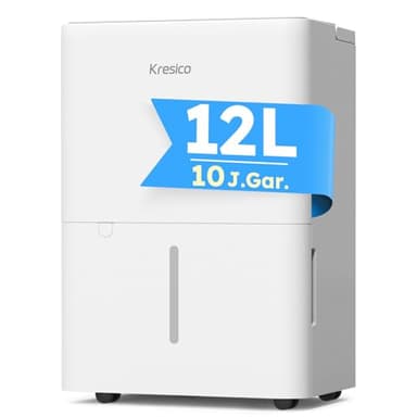 Kresico Luftentfeuchter elektrisch 12L/24H, Entfeuchter elektrisch Keller, Raumentfeuchter elektrisch 35-42 dB für Räume bis zu 122m³/25m², Timer, 1M Ablaufschlauch, Filter, 10 J. Gar
