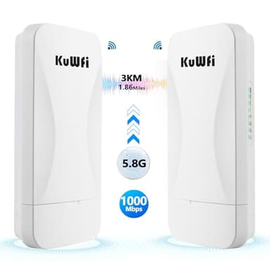 KuWFi Outdoor WLAN Bridge 5.8GHz 3KM - Professionelles WiFi Bridge Set mit 4x Gigabit Ports, 14dBi Antenne, 24V PoE, IP65 - für PtP/PtMP Verbindung zu Starlink, Überwachungskamera, Scheune, Hof,Fabrik