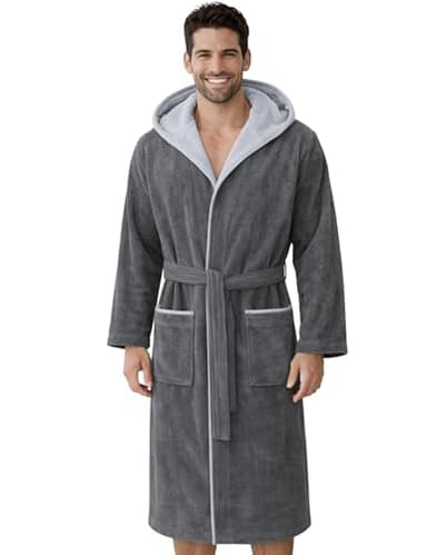 Morgenstern Bademantel Herren Kapuze 100% Baumwolle Frottee OEKO-TEX Velours Morgenmantel Lang Finn Anthrazit/Hellgrau L