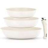 FOHERE Pfanne Induktion, 4-Teiliges Pfannenset Induktion mit abnehmbarem Griff, Bratpfanne 28/24/20 CM für alle Herdarten, Ceramic Antihaftbeschichtung Pfanne, Backofenfest, Spülmaschinenfest, Beige