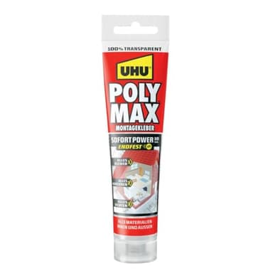 UHU POLY MAX Montagekleber 10 SEK SOFORT POWER Tube, Universeller, glasklarer Montagekleber und Dichtungsmasse mit hoher Anfangshaftung und schnellem Festigkeitszuwachs. transparent 115g.