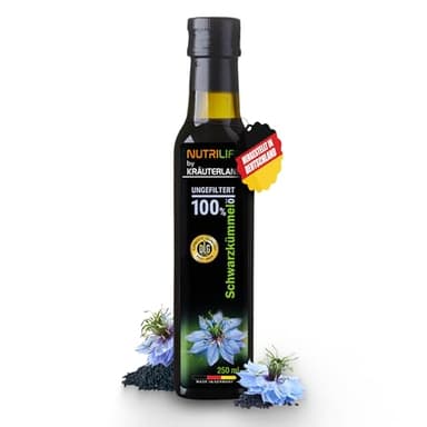 Kräuterland Schwarzkümmelöl 250ml, ungefiltert, Omega 3-6-9, ohne Zusatz von Aromen & Konservierungsstoffe, hoher Thymochinin, vegan, mild, kaltgepresst, mühlenfrisch aus unsrer hessischen Ölmühle