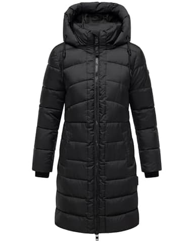 MARIKOO Damen Langer Wintermantel warmer Steppmantel mit abnehmbarer Kapuze Kaltnäschen 16 Black Gr. S
