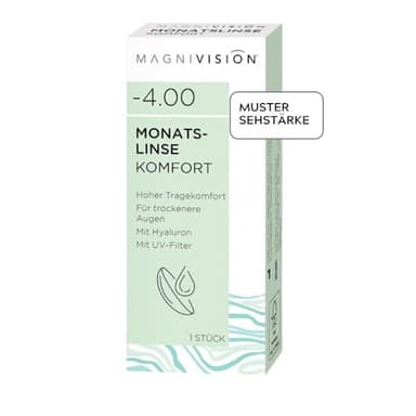 MAGNIVISION Monatslinse Komfort weiche Kontaktlinsen für -2,50 Dioptrien | 1 Stück | BC 8.6 | DIA 14.2 | Kontaktlinse mit Hyaluron und UV-Filter für empfindliche Augen | ohne Konservierungsstoffe