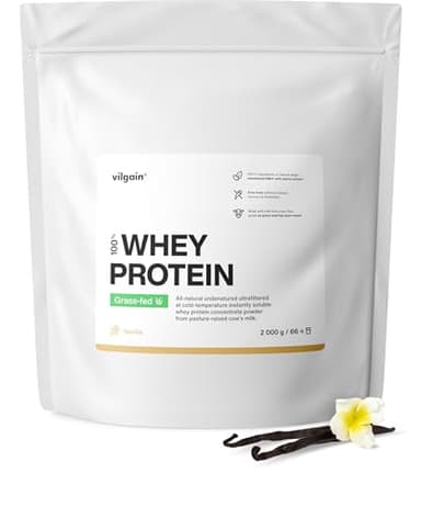 Vilgain Grass-Fed Whey Protein Vanille 2000g, Eiweißpulver Konzentrat aus Weidemilch, Gesüßt mit Stevia, Ohne Zuckerzusatz, Ultrafiltriertes Protein Pulver für Shakes, 2 kg