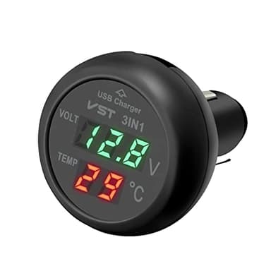 Hoembpn 3 in 1 Auto USB Ladegerät Voltmeter Thermometer mit LCD-Digitalanzeige Temperatur Tester Batteriespannung Monitor für 12V-24V Wohnwagen LKW SUV Bus