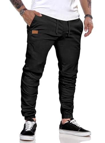 JMIERR Hose Herren Chino Cargo Hose Jogginghose Herren Baumwolle Sporthose Casual Freizeithose Elastische Taille mit Kordelzug Sweatpants Herren mit Taschen, Schwarz XXL