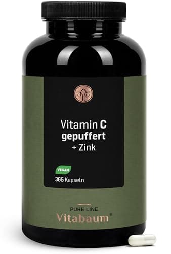 Vitabaum® Vitamin C gepuffert + Zink - Hochdosiert mit 1000mg pro Tag - hochwertiges Calcium-Ascorbat -Magenfreundlich, pH-neutral - 6 Monats Vorrat - 365 Kapseln - Vegan