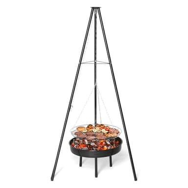 LEADZM Schwenkgrill - Dreibein für Feuerschale inkl. 48 cm Grillrost - Dreibein grill - Höhenverstellbar, große Grillfläche - Outdoor, BBQ, Camping - Schwarz