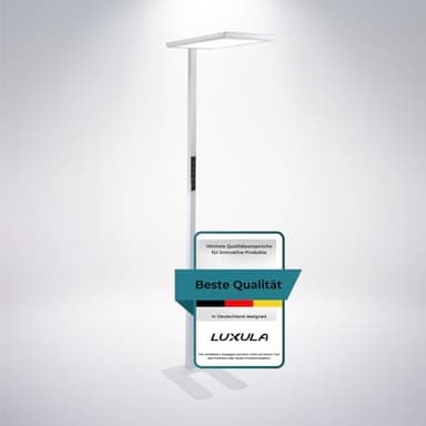 LUXULA Büro Stehlampe LED, dimmbar, CRI>98 Vollspektrum, UGR<16 blendfrei, RG0 Blaulichtfilter, 4000K Neutralweiß, 2x 50W Uplight und Downlight, 7000lm, weiß - Tageslichtlampe Büro Stehleuchte