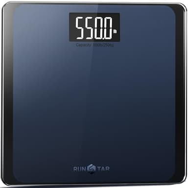 RunSTAR Digitale Personenwaage, hochpräzise Sensoren, 8 mm Sicherheitsglas, Tragkraft bis 250 kg, mit extragroßer Trittfläche und großem LCD-Display, Step-on-Technologie, blau-schwarz