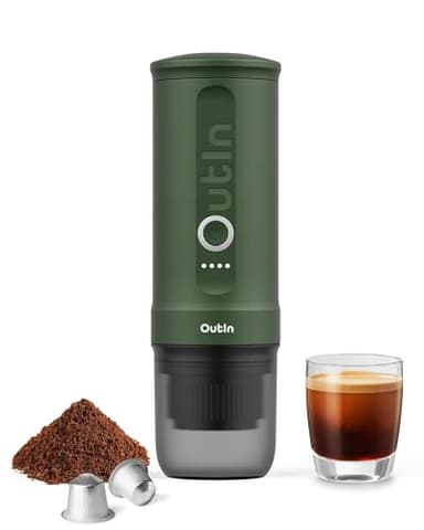 OutIn Nano Tragbare Espressomaschine mit Akku, für unterwegs oder Camping, Kaffeemaschine to go, mit elektrischer Selbsterhitzung über USB - C, 2 in 1 für gemahlenen kaffee und NS - kapseln
