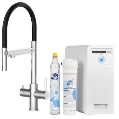 Living Water Sprudel-Wasserhahn mit Kohlensäure, Untertisch-Trinkwassersystem mit 5-Wege-Edelstahl-Armatur, LivingTap Pro Sprudelwasser aus dem Hahn mit Brause-Auslauf