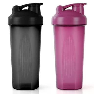 AOGOE Protein Shaker, 600ml Eiweiß Shaker, proteinshaker mit Messskala & Kugel - BPA Frei, auslaufsicher, Langlebiger, Geruchsneutraler Shake Becher,Shaker für cremige Whey Proteinpulver（Schwarz+Lila）