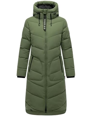 MARIKOO Damen langer Wintermantel warmer Steppmantel mit verstellbarer Kapuze Benikoo Pine Olive Gr. S