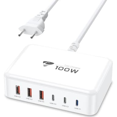 USB C Ladegerät, 100W 6-Port USB Ladegerät Mehrfach mit USB-C und USB-A, Schnellladegerät PD 3.0 Power Adapter, USBC Netzteil für iPhone 17 16 15 14 Pro/Pro Max, iPad, MacBook, Handys