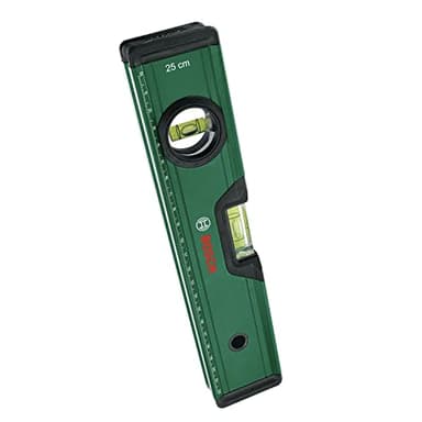 Bosch Wasserwaage 25cm (präzise Ausrichtung mit 2 fluoreszierenden Libellen für horizontales und vertikales Ablesen; metrische Skala; hochpräzise; Aluminiumgehäuse; Softgrip-Stoßfänger; V-Nut)