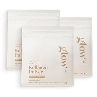 Glow25® Collagen Pulver [3x450g] – Unser Original – Kollagen Hydrolysat mit Vitamin C – Peptide Typ 1 und 3 – Gute Löslichkeit – Neutral