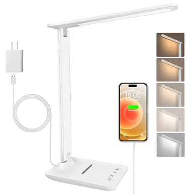 Jumoking Schreibtischlampe LED Dimmbar Augenschutz,Desk Lamp mit 5 Farben und 5 Helligkeitsstufen,Tischlampemit USB Ladeanschluss Touch Steuerung für Kinder, Schlafzimmer, Lektüre, Büros (White)