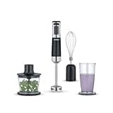 SEVERIN Stabmixer mit Zubehör-Set, Mixstab mit stufenloser Geschwindigkeitseinstellung, mit Pürierstab, Schneebesen, Multizerkleinerer und Mixbehälter, schwarz/Edelstahl-gebürstet, SM 3772