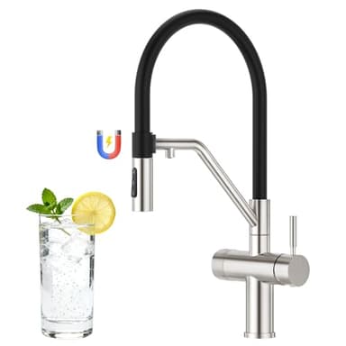 Faustina 4 Wege Küchenarmatur abnehmbar, Doppelhebel Armatur Wasserhahn Küche mit Trinkwasser und Sodawasser Spültischarmatur aus Edelstahl mit Schwarzer flexibler Silikon Weichschlauch