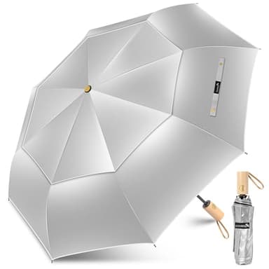 ZOMAKE Sonnenschirm Tragbar UV Schutz,Regenschirm Kompakt Automatik Mit Doppelter Abdeckung,Taschenschirm Sturmfest Mit Holzgriff für Herren Damen(Silber Schwarz-Doppelt)