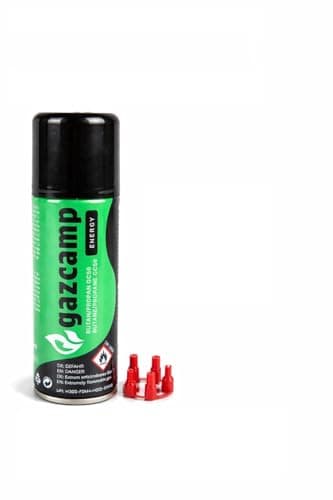 Gazcamp Feuerzeuggas 100 ml Reines Butan mit 5 Adapter Aufsätzen, Nachfüllgas für Feuerzeuge und Brenner, Schwarz