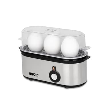 UNOLD 38610 Eierkocher Mini, Edelstahlgehäuse, Eiereinsatz mit Griff für 1 bis 3 Eier, Signalton, Betriebskontrollleuchte und 210 W, inkl. Messbecher