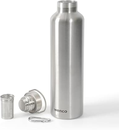 wenco Trinkflasche Edelstahl 1l / 1000ml isoliert und auslaufsicher für kalte und heiße Getränke auch als Thermoskanne verwendbar – mit Teesieb – BPA frei – silber