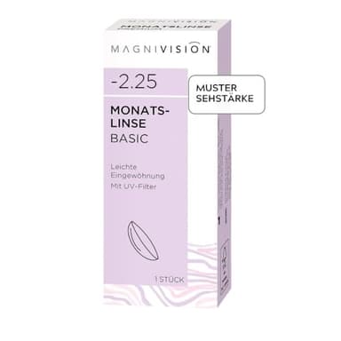 MAGNIVISION Monatslinse Basic weiche Kontaktlinsen für -2,75 Dioptrien | 1 Stück | BC 8.6 | DIA 14.2 | Kontaktlinse mit Hydrogel und UV-Filter für empfindliche Augen | ohne Konservierungsstoffe