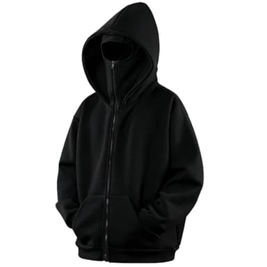 GIJOVANA Warme Zip Hoodie Herren mit Sturmhauben Hip Hop Sweatjacke mit Kapuze Oversized Kapuzenpullover mit Motorradmaske (Schwarz,2XL)