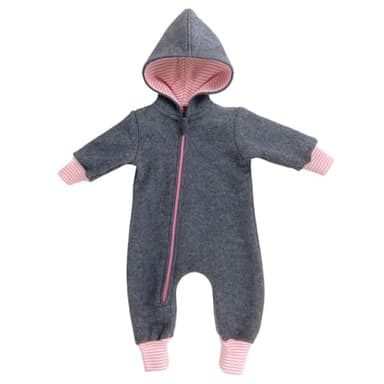 Lilakind“ Baby Wollwalk Overall Einteiler mit Kapuze Walkloden Walkoverall Grau Meliert Rosa Gr. 86/92 - Made in Germany