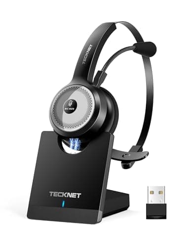 TECKNET Bluetooth PC Headset mit Mikrofon & USB Dongle [45 Std Anrufzeit & 10M Reichweite] kabelloses Headset mit Ladestation, Wireless Headset mit AI Rauschunterdrückung für Business,Büro,HomeOffice