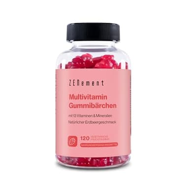 Multivitamin Gummibärchenfür Kinder, 120 Stück | Gummies mit 13 Vitaminen und Mineralstoffen (Vitamin C, D3, Biotin, Folsäure, Zink & mehr) | Mit Erdbeergeschmack | Zenement