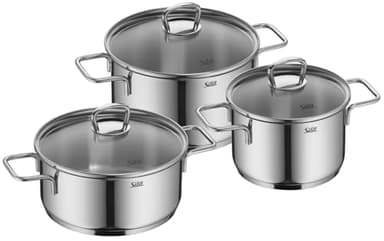 Silit Alicante Topfset Induktion 3-teilig, Kochtopf Set mit Glasdeckel, Schüttrand, Edelstahl hochglanzpoliert, Induktions Töpfe Set unbeschichtet, für alle Herdarten geeignet