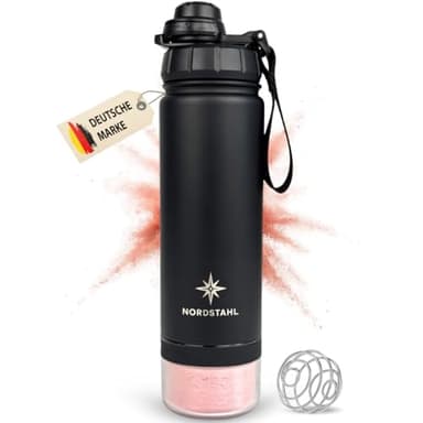NORDSTAHL [NEU] Shaker mit Pulverfach | Shaker 500ml | Thermoshaker - bis zu 24h eiskalte Shakes | Proteinshaker Edelstahl mit Kugel | BPA-frei & auslaufsicher (Nachtschwarz)