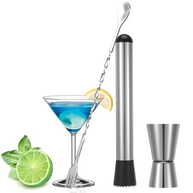 Wanmu Barlöffel und Cocktails Stössel mit 0,5/1 OZ Messbecher, Edelstahl Barkeeper Set, Mojito Stampfer Eiscrusher, 26cm Metall Löffel Cocktaillöffel Cocktailset für die Zubereitung von Getränken