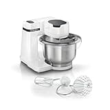 Bosch Küchenmaschine Serie 2 MUMS2EW00, Edelstahl-Schüssel 3,8 L, Planetenrührwerk, Knethaken, Schlag-, Rührbesen Edelstahl, 4 Arbeitsstufen, durch optionales Zubehör erweiterbar, 700W, weiß