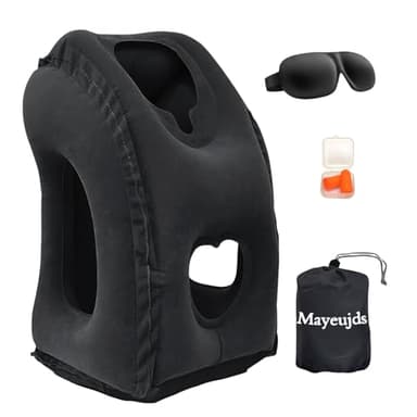 Aufblasbares Reisekissen mit Halsstütze & Augenbinde | Ergonomisches Nackenkissen für Flugzeug, Auto, Camping | 20-Sekunden-Aufblasventil, Wasserdichtes PVC, Tragetasche + Ohrstöpsel (schwarz)