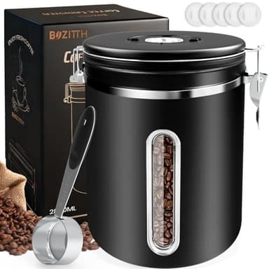 BOZITTH Kaffeedose Luftdicht 1kg Bohnen, 2800ML Kaffeebohnen Behälter aus Edelstahl mit Sichtfenster, Datums-Tracker, 30ML Messschaufel und CO₂-Ventil für Kaffee Kaffeebohne Pulver, Tee, Zucker