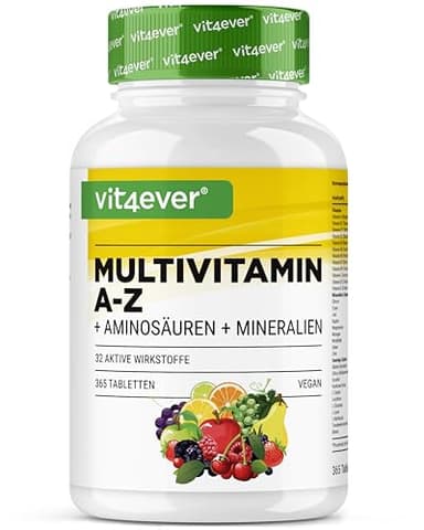 Multivitamin A-Z - 365 Tabletten (12 Monate) - 32 aktive Inhaltsstoffe - Kombination aus Mineralien + Aminosäuren + Spurenelementen + Pflanzenextrakten - Vegan - Hochdosiert