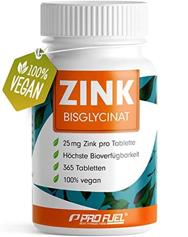 Zink 25mg - 365 Tabletten (vegan) mit Zinkbisglycinat (Zink-Chelat) für höchste Bioverfügbarkeit - laborgeprüft mit Zertifikat - optimal hochdosiert - 1 Jahresvorrat - ProFuel
